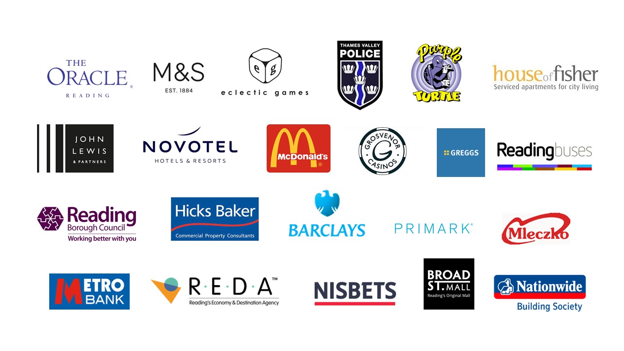 Logos of companies part of Reading Central BID Committee 2024